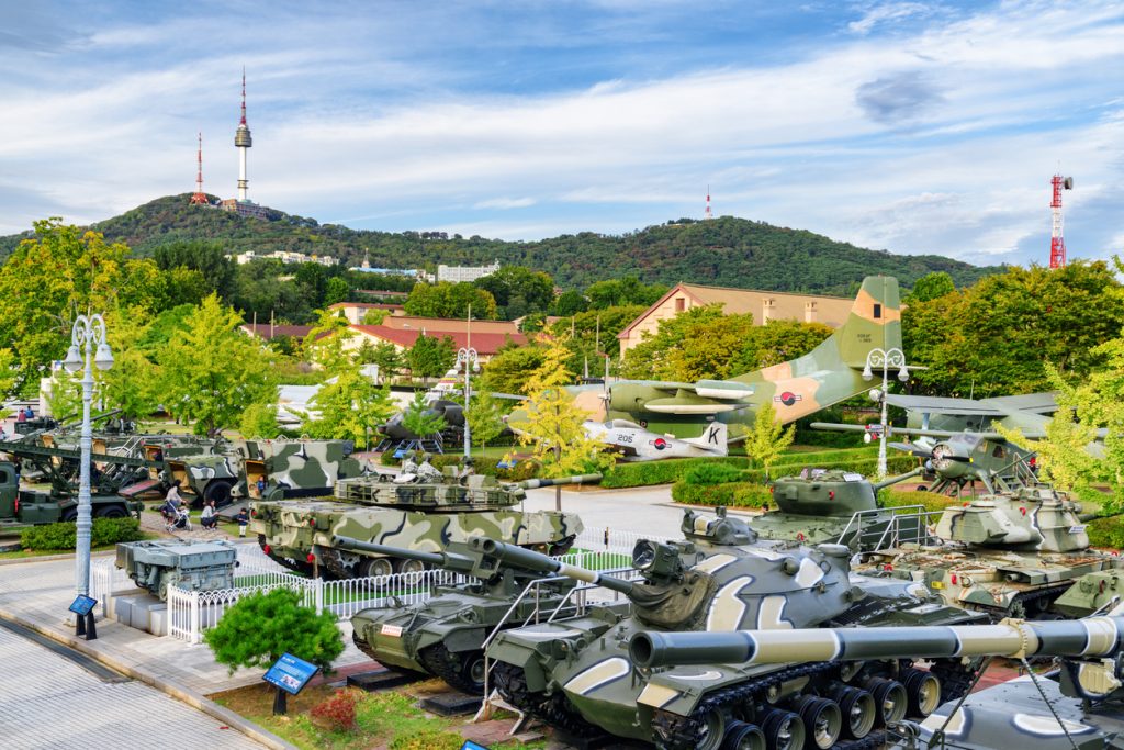 Military equipment at outdoor exhibition area of the War Memorial of Korea. The museum is a popular tourist attraction of Asia.